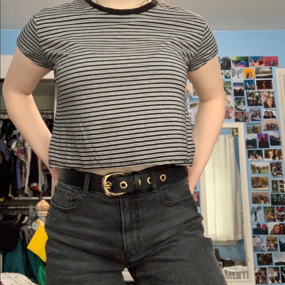 Grey and Black Striped Cropped Tee